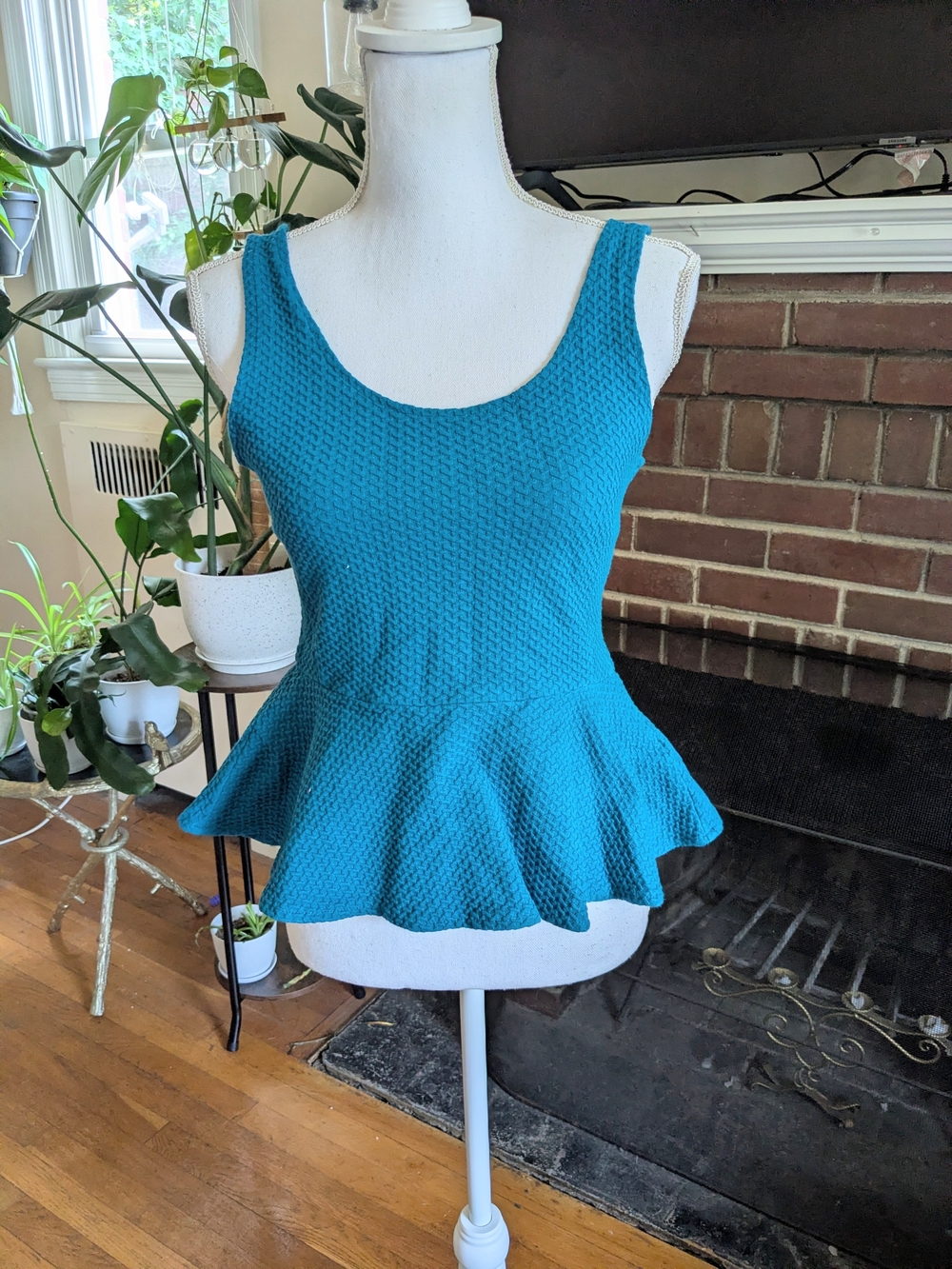 Ganni Blue Textured Sleeveless Peplum Top